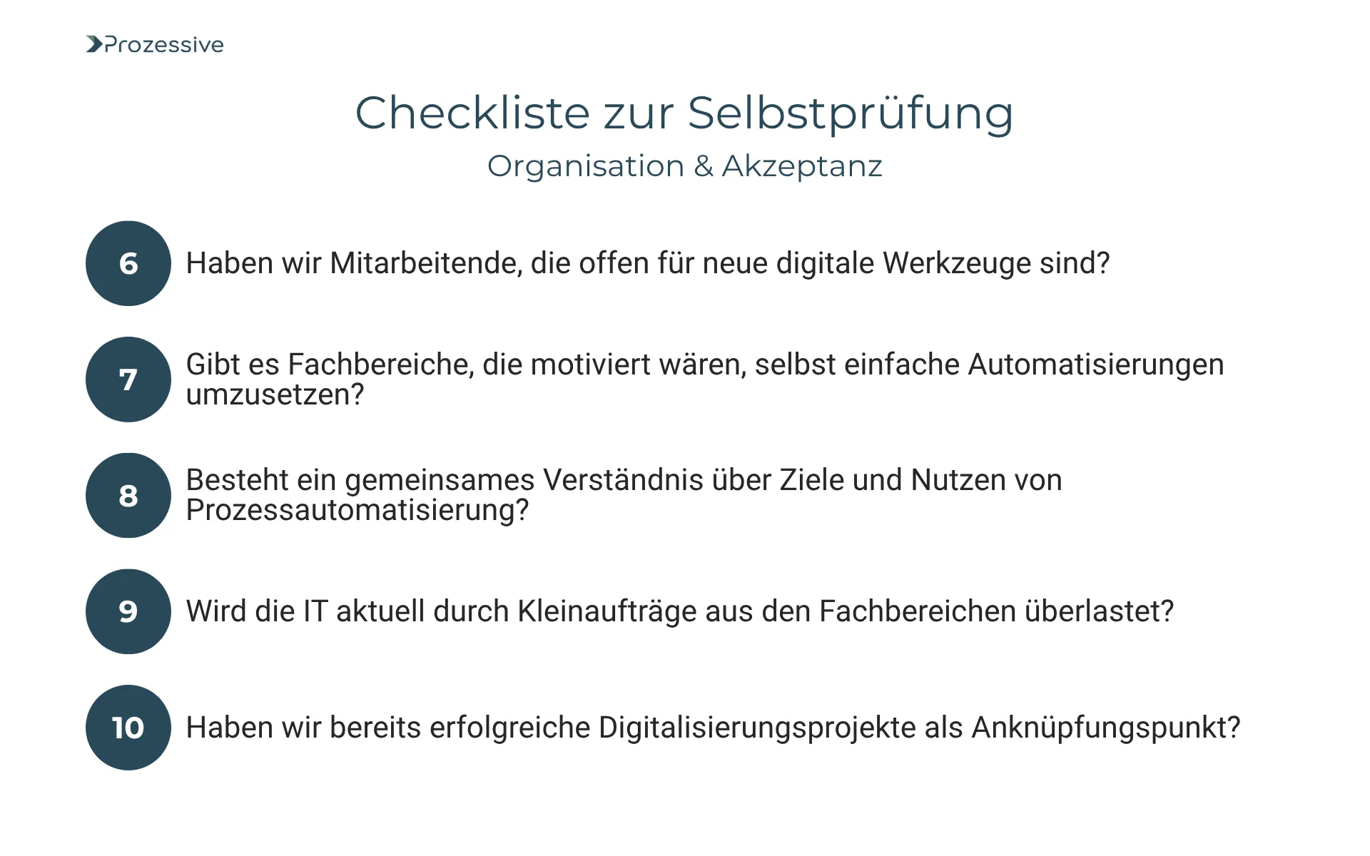Zweite Checkliste zur Selbstprüfung für die Einführung von Low-Code/No-Code-Lösungen mit Fokus auf Organisation und Akzeptanz. Die Fragen 6 bis 10 behandeln Offenheit für digitale Werkzeuge, Motivation der Fachbereiche, gemeinsames Verständnis für Prozessautomatisierung, IT-Überlastung durch Kleinaufträge sowie vorhandene Digitalisierungsprojekte als Basis.