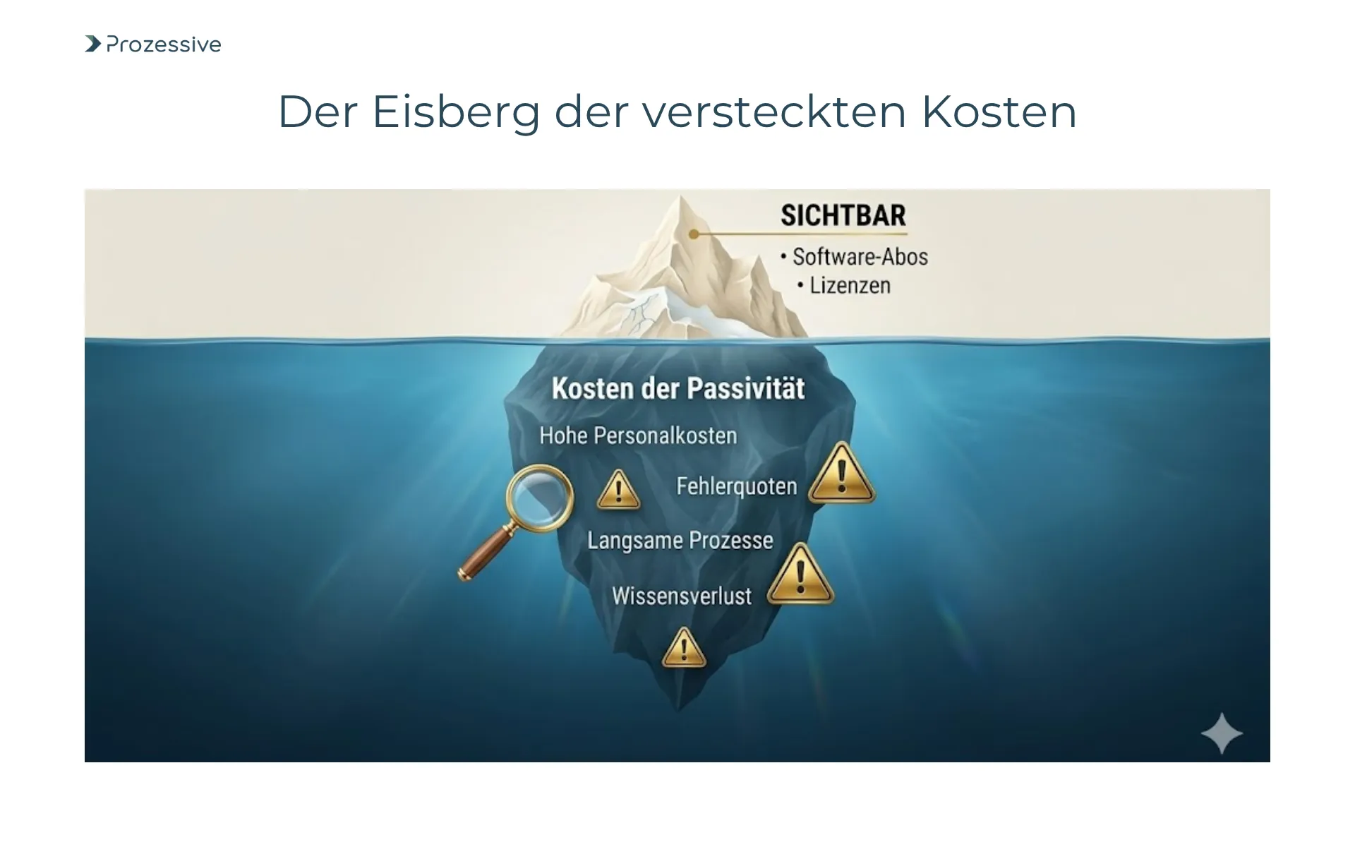 Infografik über versteckte Kosten der Passivität in der Digitalisierung, dargestellt als Eisberg-Modell mit Fokus auf Personalkosten und Fehlerquoten.